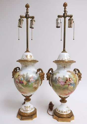 PAIR SEVRES STYLE PORCELAIN URNS