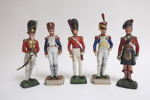 5 PORCELAIN MILITARY GUARDSSitzendorf