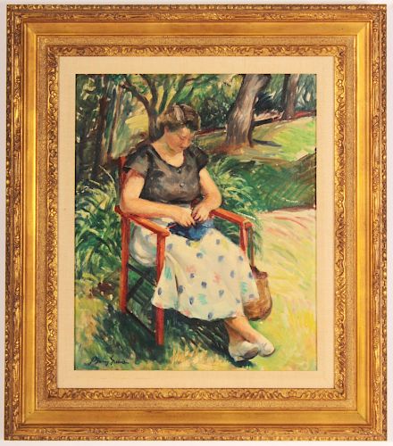 J. BARRY GREEN, WOMAN KNITTING IN GARDEN,