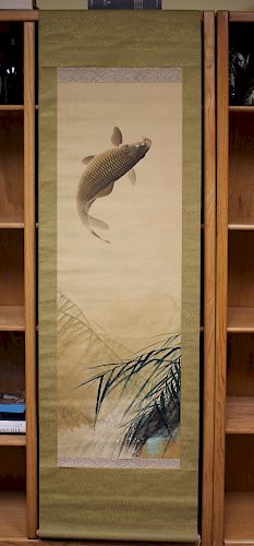 JAPANESE WATERCOLOR SCROLL OF TROUTTrout