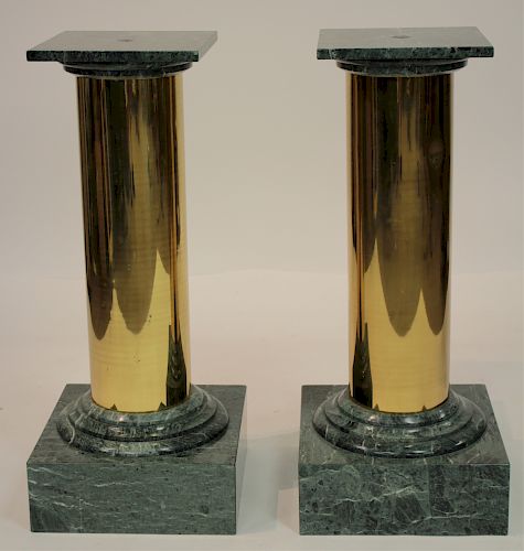PAIR GREEN VEINED MARBLE AND BRASS