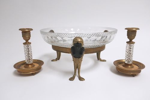 3 ORMOLU & CUT GLASS TABLE ARTICLESPair