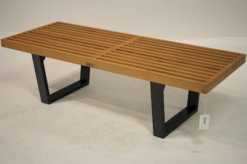 OAK SLATTED TABLE BENCH ON BLACK 373354