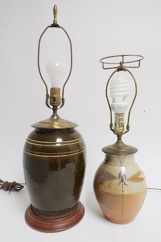 2 STONE GLAZED JARS AS TABLE LAMPS