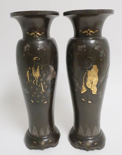 JAPANESE PAIR INLAID BRONZE VASESGilt 37339f