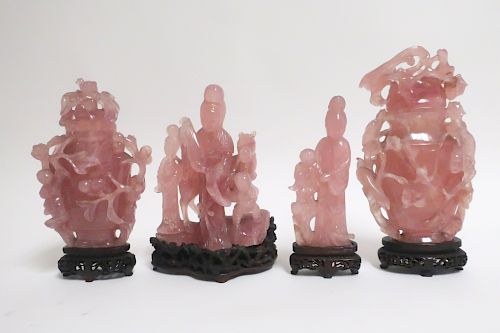 4 CHINESE ROSE QUARTZ CARVINGS2 3733cc