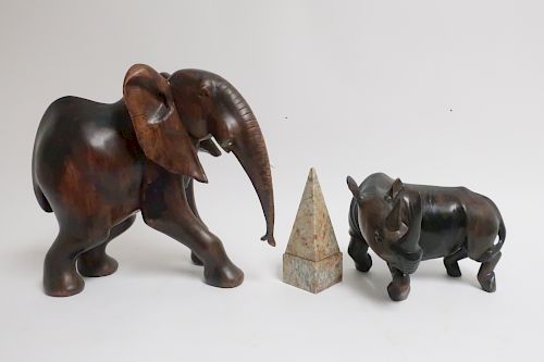 AFRICAN EBONY CARVED ELEPHANT AND