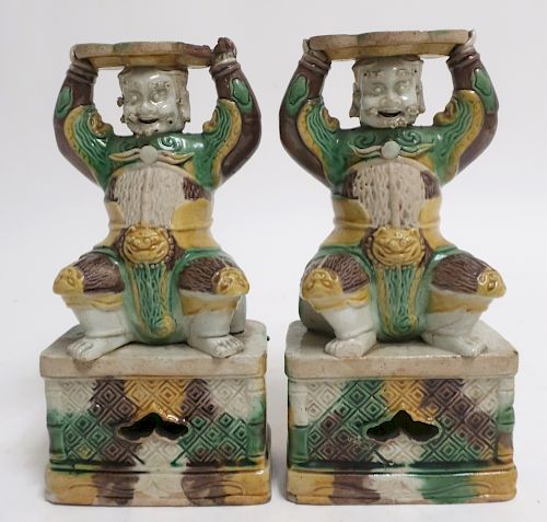 PAIR OF SANCAI GLAZED INCENSE HOLDERSThe