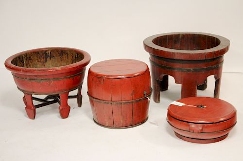 FOUR CHINESE RED LACQUER VESSELSTwo