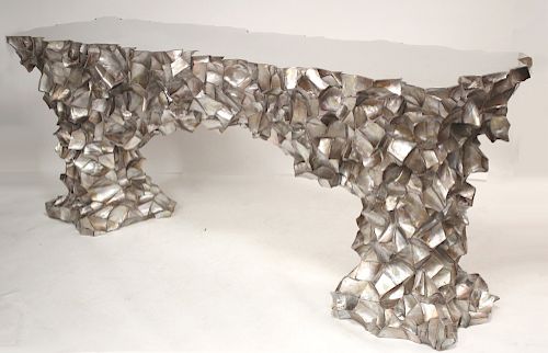 MODERN POLISHED STEEL ABALONE CONSOLE