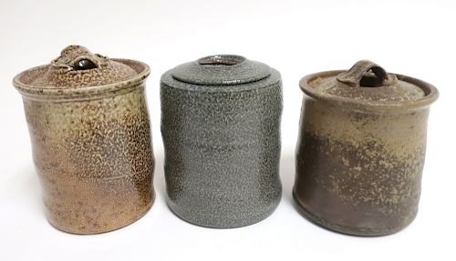 5 COVERED ART POTTERY JARS BY BYRON