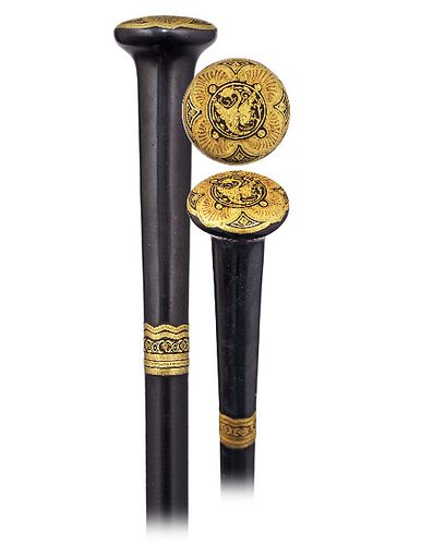 DAMASCENE STEEL AND GOLD CANE-Ca.