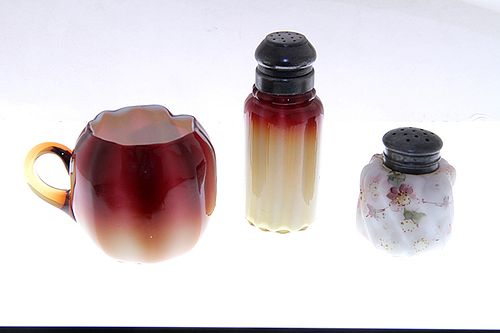 THREE PIECE GLASS LOTA cased Amberina