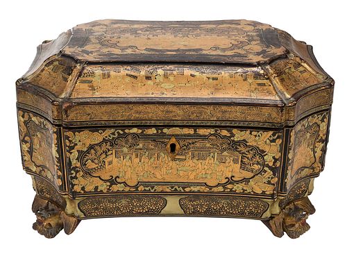 CHINESE EXPORT LACQUERED WOOD TEA CADDY19th