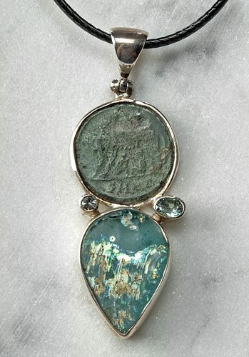 ROMAN COIN GLASS PENDANT W AQUAMARINE 371607