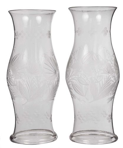 PAIR OF LARGE ENGRAVED GLASS HURRICANES19th