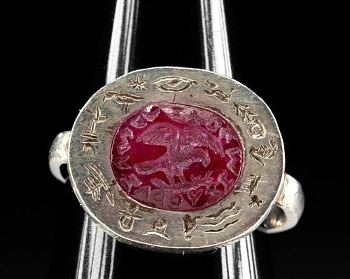 WHITE GOLD RING W ROMAN RUBY INTAGLIO 3716fa