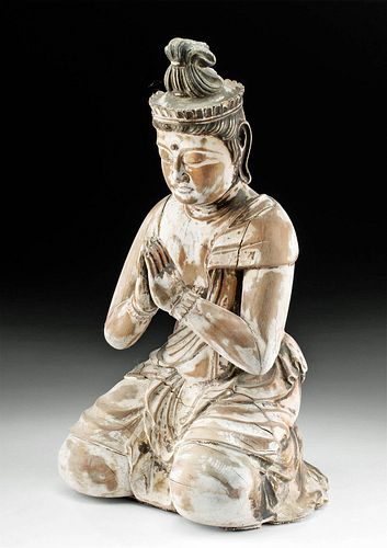 18TH C. JAPANESE WOOD FIGURE - KNEELING