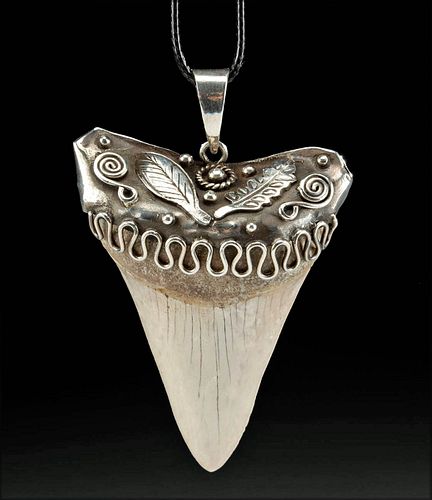 SILVER PENDANT W FOSSILIZED SHARK 37180f