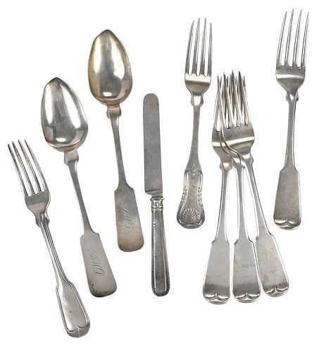 NINE PIECES CHARLESTON COIN SILVER FLATWARE,