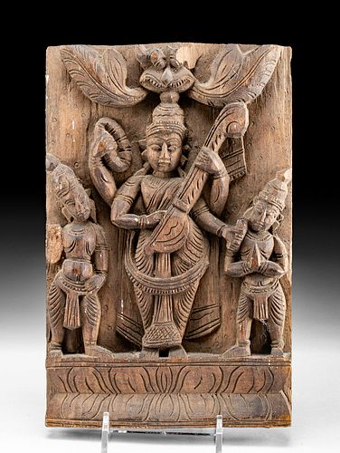 19TH C TIBETAN WOOD PANEL SARASWATI 371991