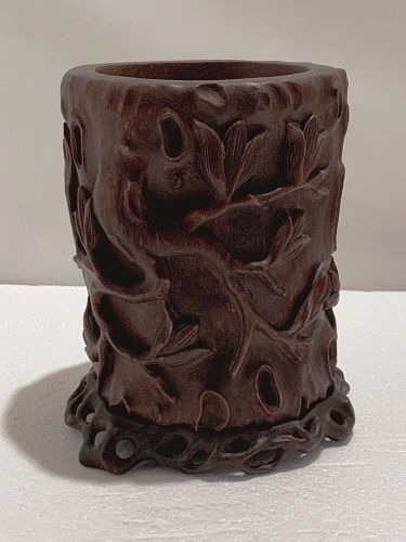 CHINESE AGAR WOOD BRUSHPOT AND