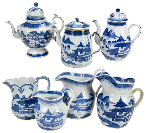 SEVEN CANTON BLUE AND WHITE PORCELAIN