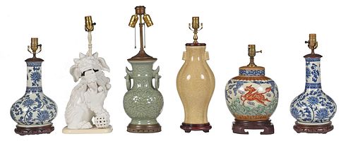 SIX CHINESE PORCELAIN VASES CONVERTED