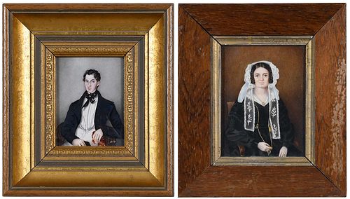 TWO PORTRAIT MINIATURES 19th century Seated 371aea