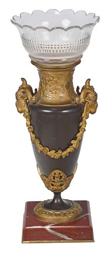 GILT METAL URN FORM VASE WITH GLASS