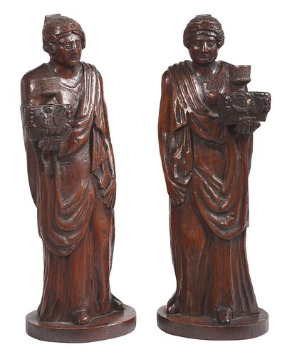 TWO CARVED WOODEN FIGURAL CANDLE 371b76