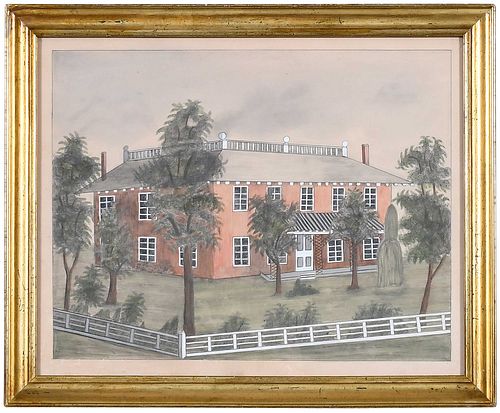 PRIMITIVE PAINTING OF A RED HOUSE(American