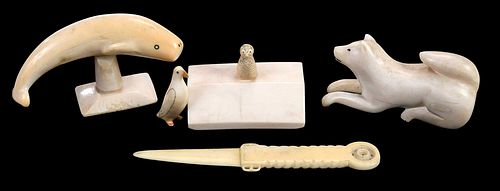 FIVE CARVED INUIT MARINE IVORY