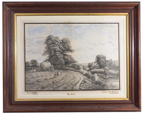 19TH C INK DRAWING OF HAY FIELD 19th 371c9d