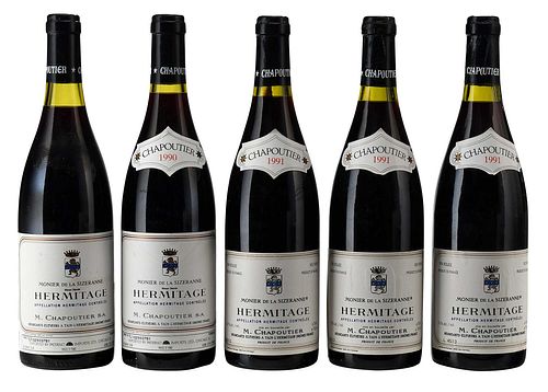 FIVE BOTTLES 1990 AND 1991 M. CHAPOUTIER