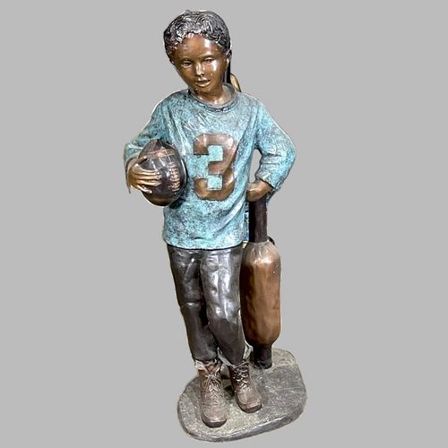 BOY WITH FOOTBALL BRONZE SCULPTUREBoy