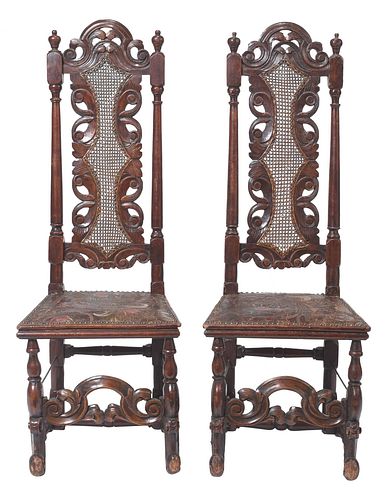 PAIR WILLIAM AND MARY CARVED CANED