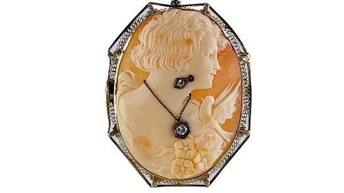 14K CAMEO AND DIAMOND PIN BROOCH PENDANT14K