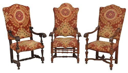 THREE LARGE BAROQUE TAPESTRY UPHOLSTERED 374c64