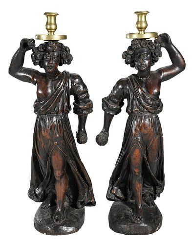 PAIR OF CARVED WOOD FIGURAL CANDLESTICKSItalian,