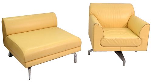 TWO YELLOW LEATHER UPHOLSTERED