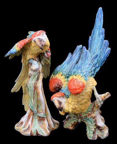 TWO LARGE ITALIAN MAJOLICA PARROTSTwo