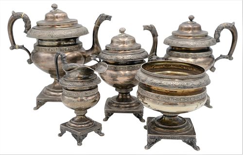 FIVE PIECE AMERICAN COIN SILVER TEA