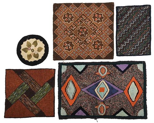 FIVE HOOKED RUGS WITH GEOMETRIC