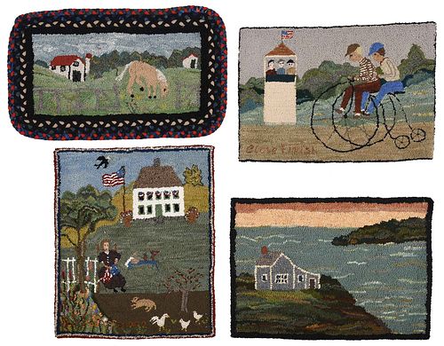 FOUR SCENIC HOOKED RUGS20th century,