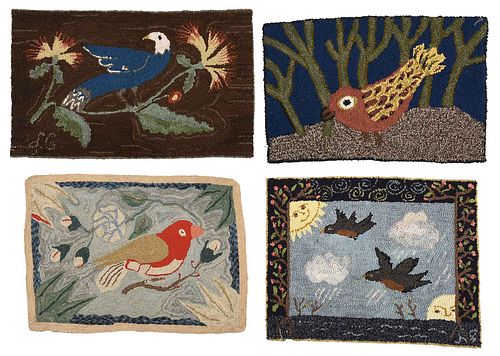 FOUR HOOKED RUGS WITH BIRDS, LEDA