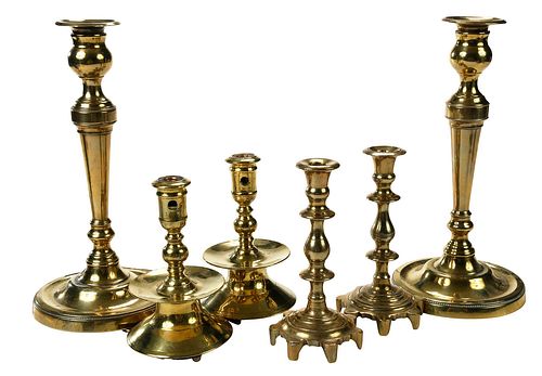 GROUP OF SIX BRASS CANDLESTICKS18th 19th 374ff8