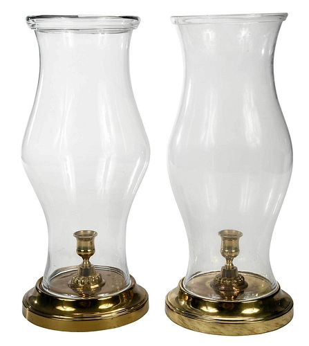 PAIR OF BRASS AND GLASS HURRICANE