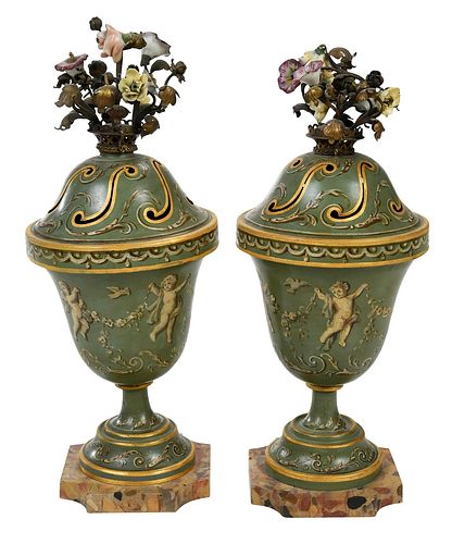 PAIR OF FRENCH PAINTED TOLE METAL URN