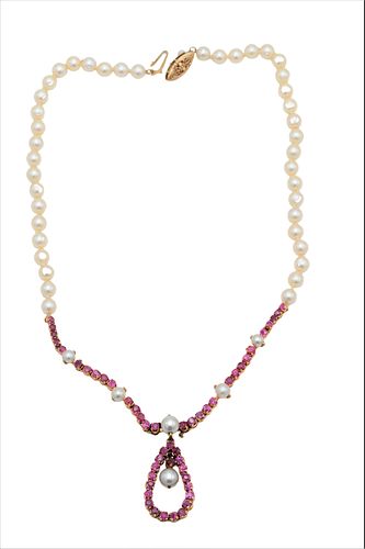 14 KARAT GOLD PEARL AND PINK SAPPHIRE 375aec